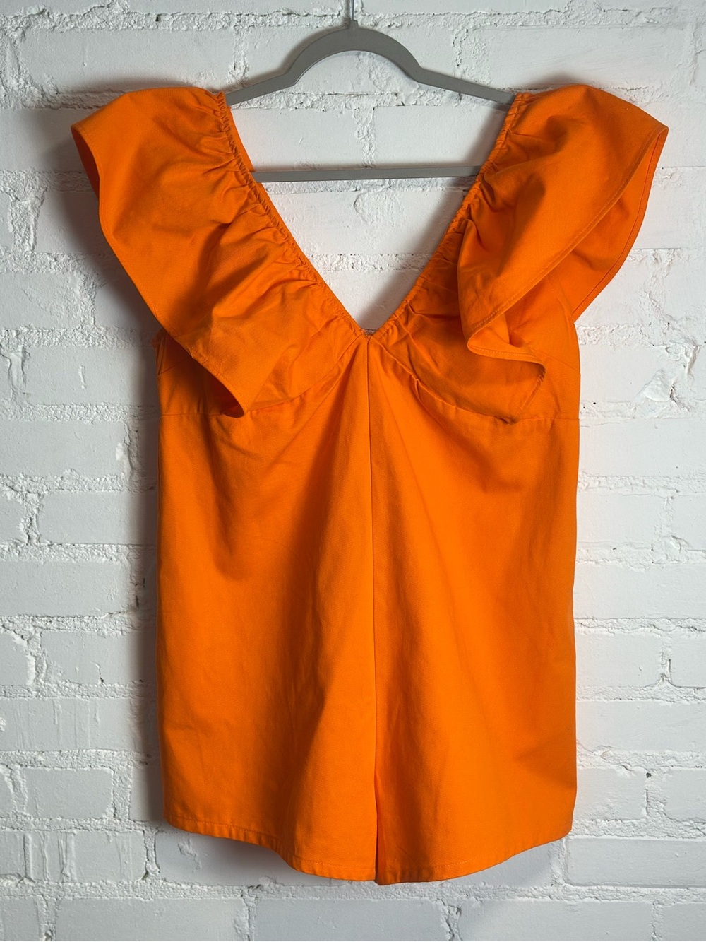 Day + Moon Tailgate Party Orange Ruffle Sleeve V-Neck Cotton Poplin Romper M